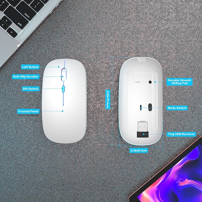 Wireless Bluetooth Mouse Rechargeable Laptop Mice with LED Use Portable(BT5.2 and USB 2.4G) Dual Mode Connection Silent Slim Computer Mouse for Laptop/iPad Tablet/Apple MacBook/PC(White)