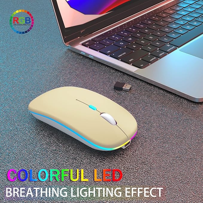 Wireless Bluetooth Mouse - Rechargeable Laptop Mice - with LED Lights,Dual Mode(Bluetooth 5.2 & Portable USB 2.4G) Connection,Silent - Computer Mouse for Laptop,iPad,Tablet,MacBook,& PC(Gold)