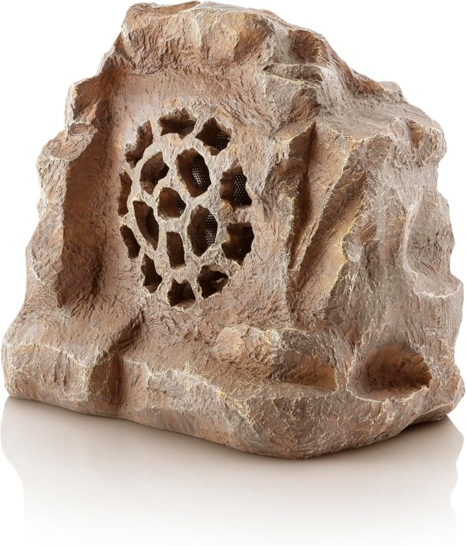 Alpine Corporation 11" Tall Solar Bluetooth Wireless Rock Speaker, Waterproof Outdoor Audio System - Portable Sound, High-Fidelity, 50-Foot Range, Brown