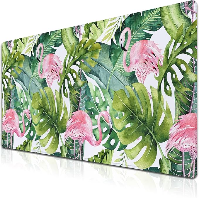 Gaming Mouse Pad Game Mat Pc Mouse Pads Large Desk Pads Computer Desk Pad Waterproof Non-Slip Rubber Base 35.4" X 15.7" for Game Office, Watercolor Tropical Palm Tree with Flamingo