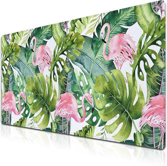 Gaming Mouse Pad Game Mat Pc Mouse Pads Large Desk Pads Computer Desk Pad Waterproof Non-Slip Rubber Base 35.4" X 15.7" for Game Office, Watercolor Tropical Palm Tree with Flamingo