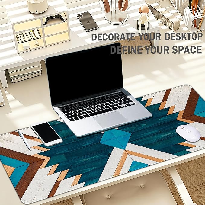 Western Mouse Pad, Western Desk Accessories, Blue Green Aztec Rug Desk Mat Retro Gaming Large Mouse Pad for Desk Vintage Computer Gifts for Cowboy Cowgirl Western Office Decor 31.5x11.8