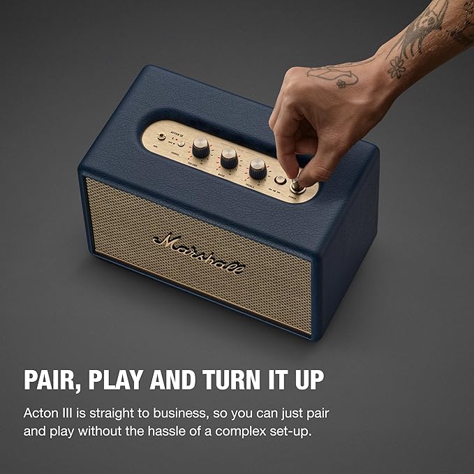 Marshall Acton III Bluetooth Home Speaker - Loud Stereo Sound with Bass and Treble Controls | Plug-in Powered | 3.5 mm Aux Input - Midnight Blue