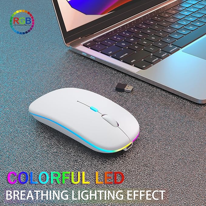 Wireless Bluetooth Mouse Rechargeable Laptop Mice with LED Use Portable(BT5.2 and USB 2.4G) Dual Mode Connection Silent Slim Computer Mouse for Laptop/iPad Tablet/Apple MacBook/PC(White)