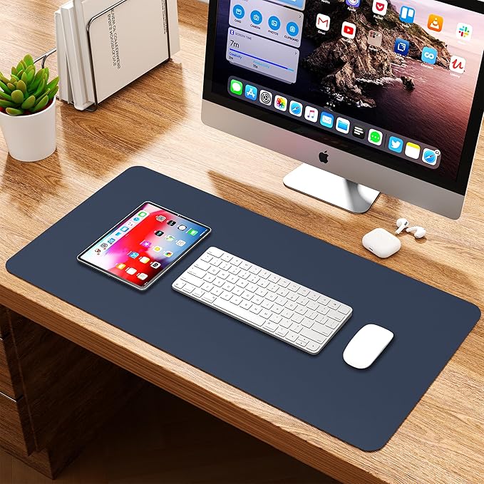 WAYBER Leather Desk Pad Protector, Waterproof Mouse Pad, PU Desk Mat, Office Desk Cover, Desk Writing Mat for Office/Home/Work/Cubicle (Blue/Yellow) 35.4x17in