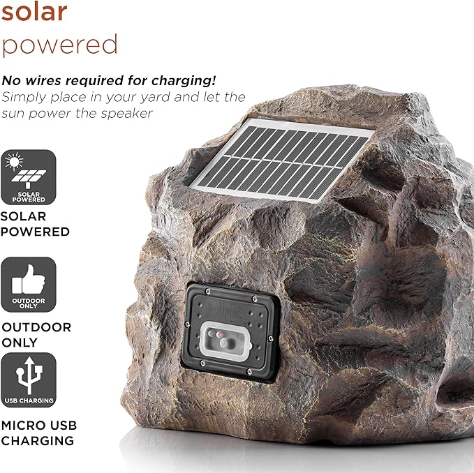 Alpine Corporation 11" Tall Waterproof Bluetooth Solar-Powered Wireless Rock Speaker with 50 Foot Range High-Fidelity Sound, and Portable Audio System, Gray