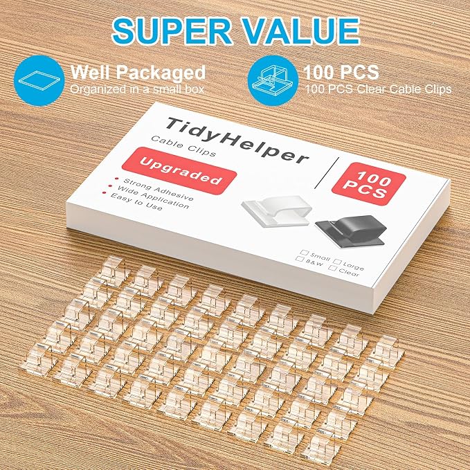 100 PCS Cable Clips, Upgraded Adhesive Wire Clips for Cords, Strong Wire Holders Cord Organizer for Cable Management, Christmas Lights, TV Coax, Extension Cord, Power Cable, HDMI (Large, Clear) - Image 2
