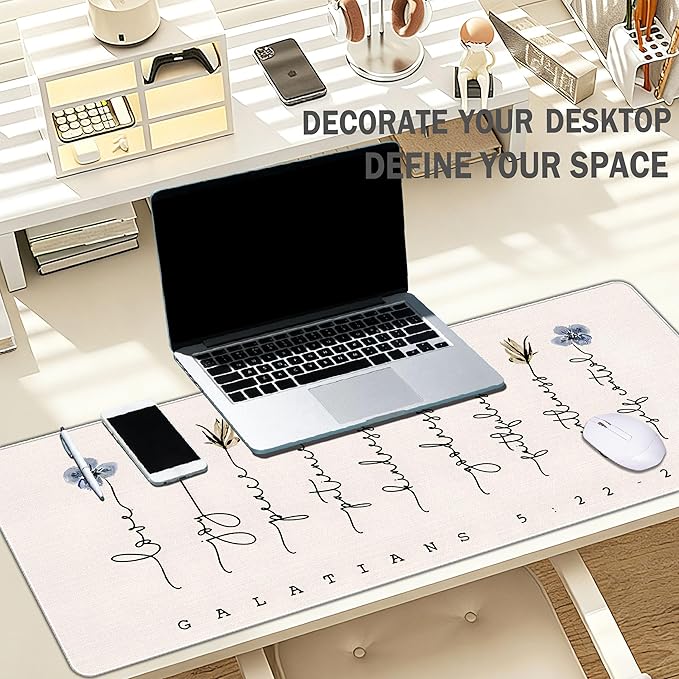 Light Pink Christian Mouse Pad Flroal Desk Mat Bible Verses Gakatians 5:22, Extended Large XL Church Desk Accessories Computer Mat for Office, Church Religious Gifts for Women 31.5x11.8