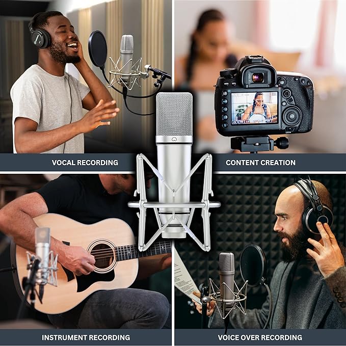Melon Audio MA-87 Studio Condenser Microphone, 26mm Gold Large Diaphragm Capsule, Including Foam Filter, Metal Shock Mount, XLR Cable and Mic Bag - for Singing, Vocal Recording and Podcasting