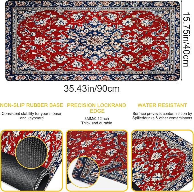 Desk Pad Boho Floral Desk Mat for Keyboard and Mouse, Large XXL Gaming Mouse Pad with Stitched Edges for Work Game Office, 35.43 x 15.75 in