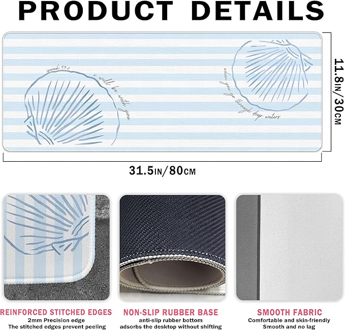 Coastal Mouse Pad Summer Blue Desk Mat, Christian Beach Large Desktop Mats for Desk, Blue and White Long Laptop Keyboard Mat Cute Seashell Gaming Desk Pad Mat Coastal Decor for Office Dorm 31.5x11.8