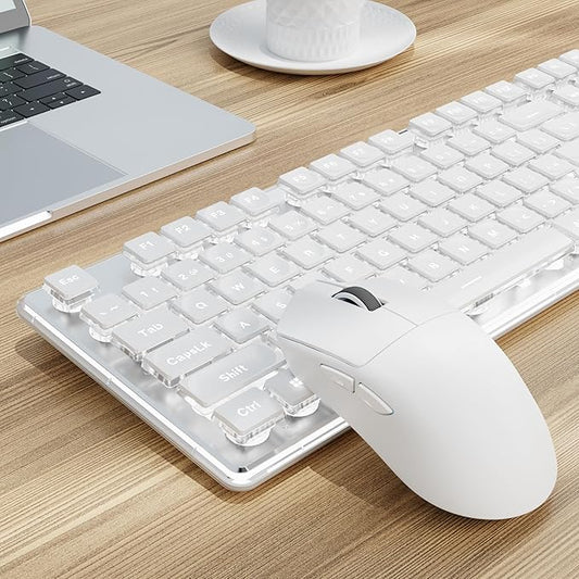 EWEADN X7S Wireless Keyboard and Mouse with Pudding Keycaps, Metal Panel, 2.4G Rechargeable Computer Keyboard and Mouse Combo Quiet Light Up Full Size Cordless Keyboards-White