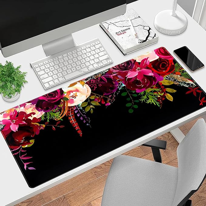 Red Flower Vintage Botanical Desk Pad - Black Mouse Pads, Keyboard Mat, Laptop PC Wireless Mouse Mat XXL, Aesthetic Office Desk Accessories (31.5"x15.75")