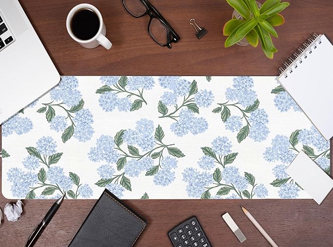 Blue Desk Mat, Hydrangea Mouse Pad Flroal Desk Matt for Desktop, Blue and White Extra Long Desks Mat Aesthetic Hydrangea Gifts Office Accessories for Women 31.5x11.8