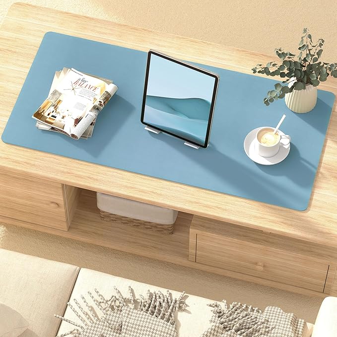 Mouse Pad Desk Protector Mat, Large PU Leather Office Desk Mat, Non-Slip Desk Pad for Keyboard and Mouse, Waterproof Desk Blotter Pad for Writing, Wide & Smooth Laptop Desk Pads, Sky Blue (17’’X36’’)