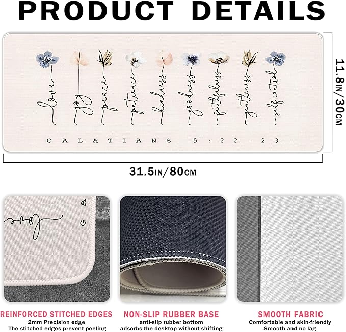 Light Pink Christian Mouse Pad Flroal Desk Mat Bible Verses Gakatians 5:22, Extended Large XL Church Desk Accessories Computer Mat for Office, Church Religious Gifts for Women 31.5x11.8