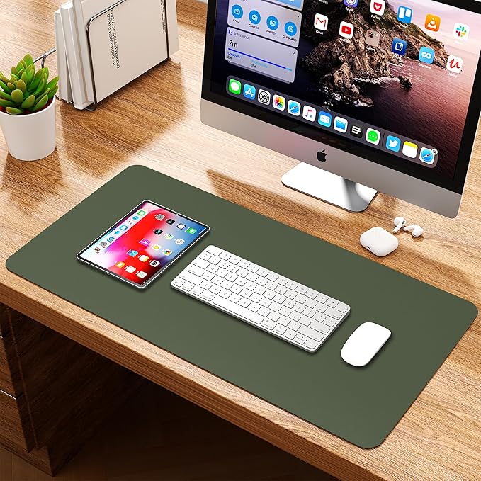 WAYBER Leather Desk Pad Protector, Waterproof Mouse Pad, PU Desk Mat, Office Desk Cover, Desk Writing Mat for Office/Home/Work/Cubicle (Green/Gray) 31.5x15.7in