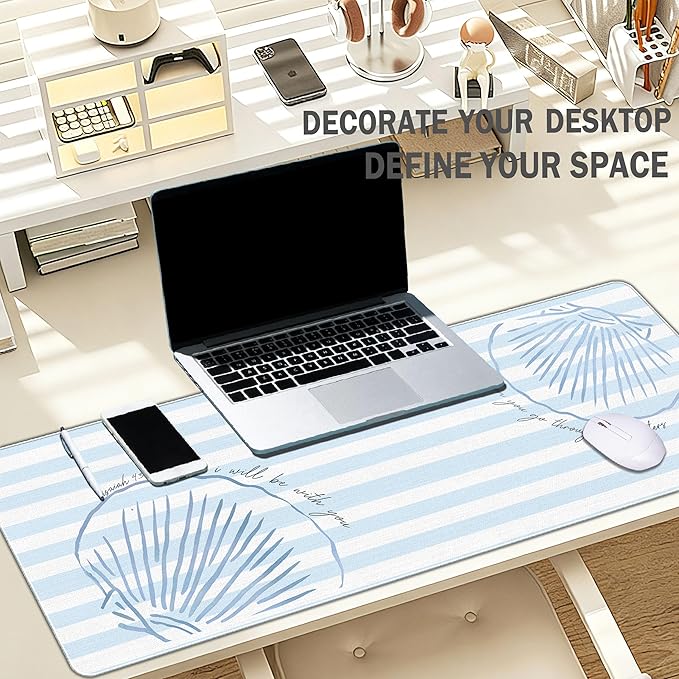 Coastal Mouse Pad Summer Blue Desk Mat, Christian Beach Large Desktop Mats for Desk, Blue and White Long Laptop Keyboard Mat Cute Seashell Gaming Desk Pad Mat Coastal Decor for Office Dorm 31.5x11.8