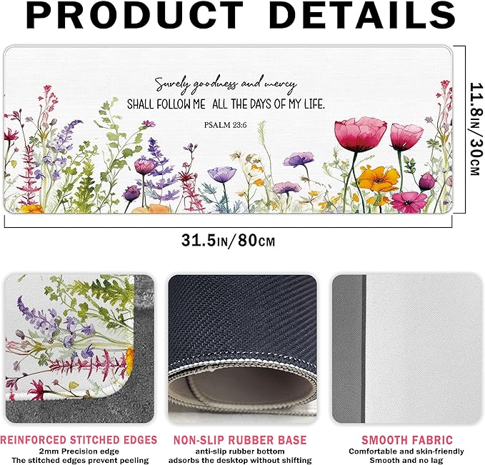 Christian Decor Large Mouse Pad Bible Verses Desk Mat, Surely Goodness and Mercy Extended Large XXL Computer Mat Gaming Mouse Pad Christian Office Room Decor Christian Gifts for Women 31.5x11.8