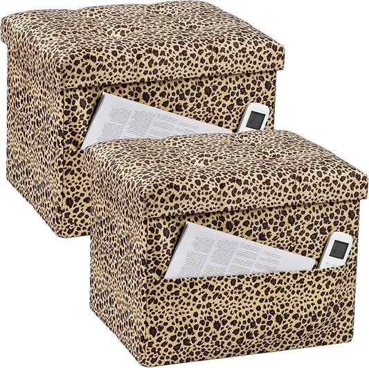 Bsketa Storage Ottoman Foot Rest Stool, Small Velvet Storage Ottomans Bench, Folding Footstool with Side Pockets, Foot Rest Under Desk for Living Room Bedroom, 17x13x13 in, Leopard Print 2 Pack
