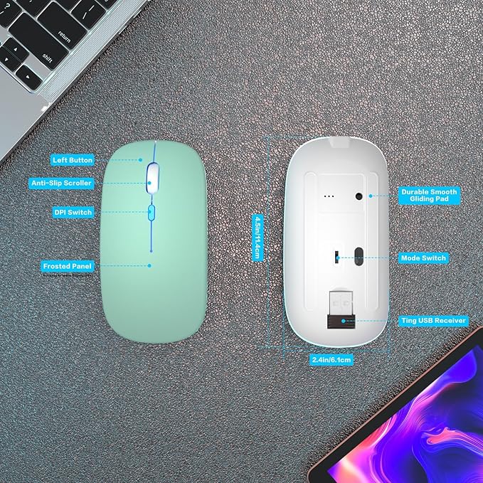 Wireless Bluetooth Mouse - Rechargeable Laptop Mice - with LED Lights,Dual Mode(Bluetooth 5.2 & Portable USB 2.4G) Connection,Silent Computer Mouse for Laptop,iPad,Tablet,MacBook,& PC(Green)
