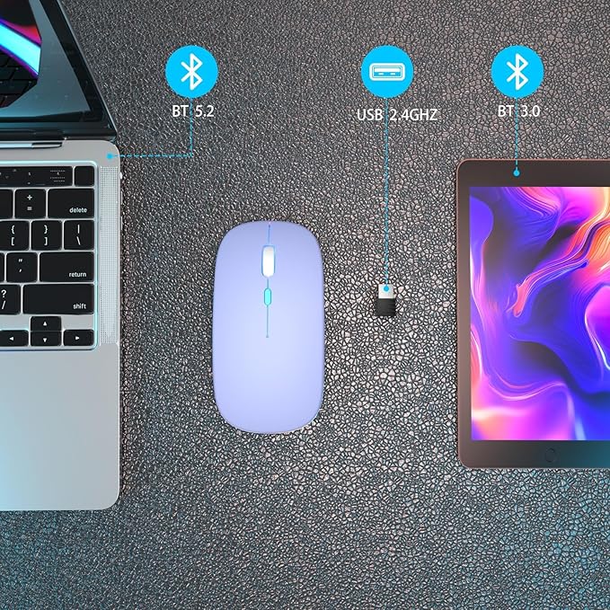 Wireless Bluetooth Mouse Rechargeable Laptop Mice with LED Use Portable(BT5.2 and USB 2.4G) Dual Mode Connection Silent Slim Computer Mouse for Laptop/iPad Tablet/Apple MacBook/PC (Purple)