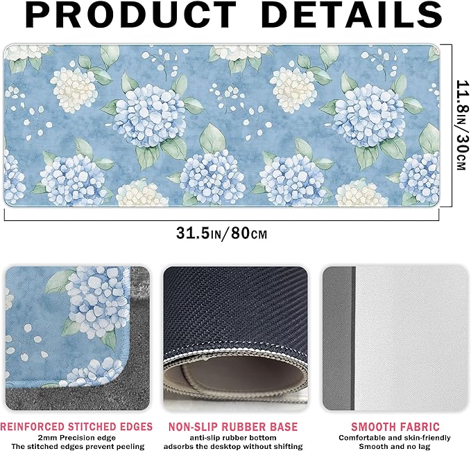Blue Hydrangea Large Mouse Pad, Flroal Blue and White Desk Mat, Spring Summer Decor Mouse Pad for Desk Large Long White Hydrangea Extra Large Desk Pad Decorative for Office Women 31.5x11.8
