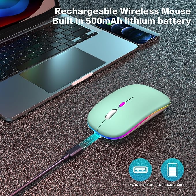 Wireless Bluetooth Mouse - Rechargeable Laptop Mice - with LED Lights,Dual Mode(Bluetooth 5.2 & Portable USB 2.4G) Connection,Silent Computer Mouse for Laptop,iPad,Tablet,MacBook,& PC(Green)