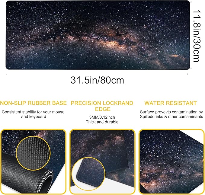 Desk Pad Galaxy Desk Mat for Keyboard and Mouse, Large Mousepad with Stitched Edges for Work Game Office, 31.5 x 11.8 in