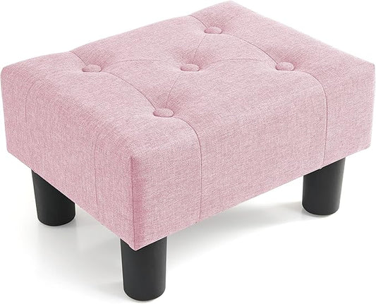 Poofzy Small Foot Stool Ottoman, Linen Ottoman Foot Rest with Legs, Rectangle Foot Rest for Couch, Footstools and Ottomans Small for Living Room and Entryway (Pink)