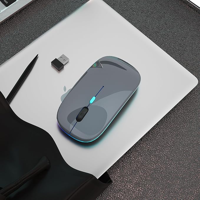 Wireless Bluetooth Mouse Rechargeable Laptop Mice with LED Use Portable(BT5.2 and USB 2.4G) Dual Mode Connection Silent Slim Computer Mouse for Laptop/iPad Tablet/Apple MacBook/PC(Grey)