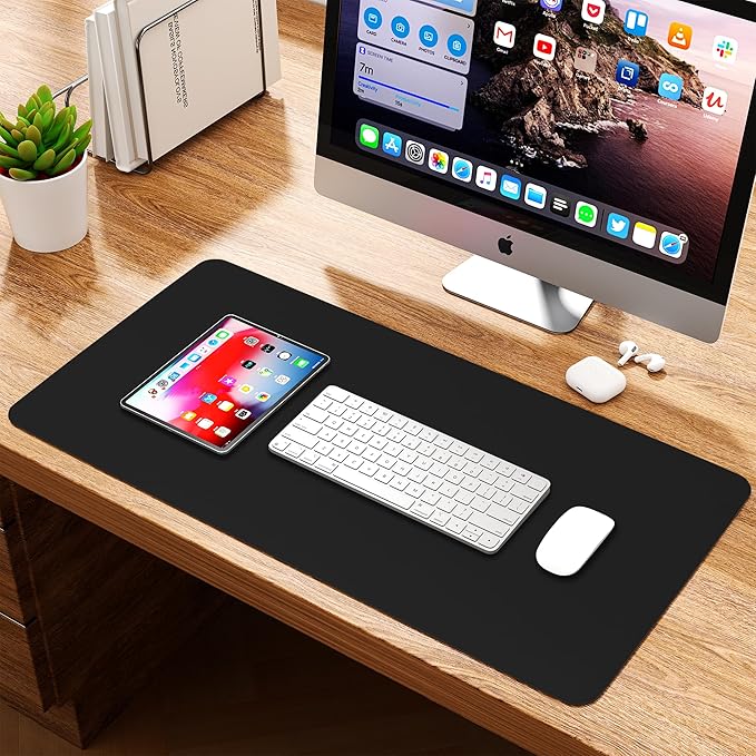 WAYBER Leather Desk Pad Protector, Waterproof Mouse Pad, PU Desk Mat, Office Desk Cover, Desk Writing Mat for Office/Home/Work/Cubicle (Black/Red) 35.4x17in