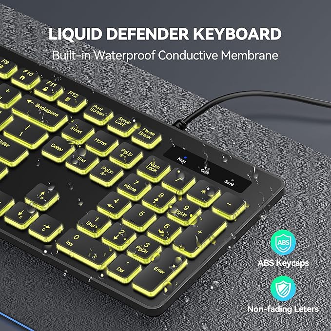TECKNET Wired Keyboard,Silent USB Keyboard for Office,Spill-Resistant,Slim Full-Size Membrane Layout,Plug and Play for PC/Laptop/Mac-7 Colors Backlit