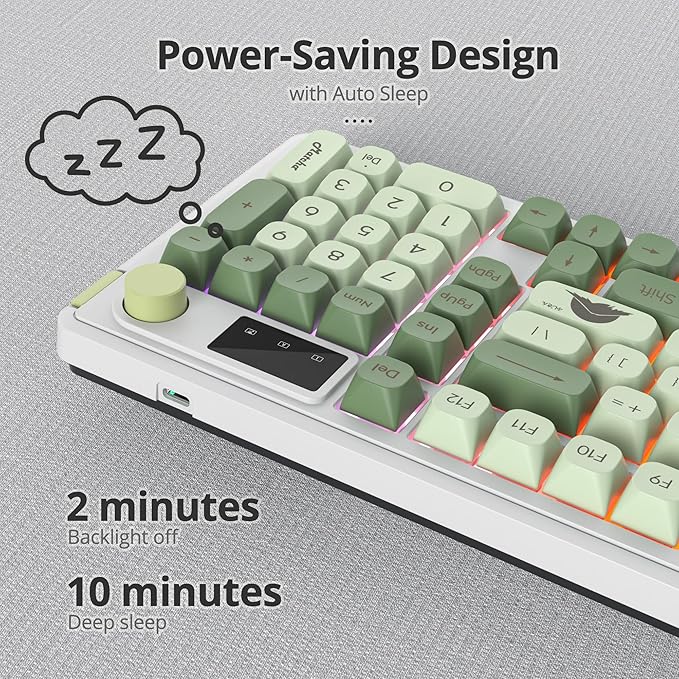 96% Wireless Keyboard with Number Pad and Knob,3-Modes Wired/Bluetooth 5.0/2.4G 98 Keys ABS Ball Caps RGB Quiet Mechanical Feel Membrane Gaming Keyboard for Win/Mac（Matcha）
