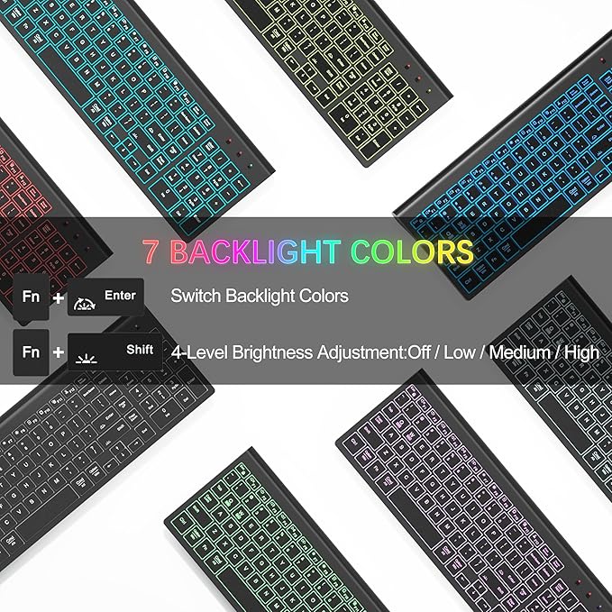 Wireless Keyboard and Mouse Ultra Slim Combo, TopMate 2.4G Silent Compact USB 2400DPI Mouse and Scissor Switch Backlit Keyboard Set, for PC/Laptop/Windows/Mac/Gaming - Matte Black