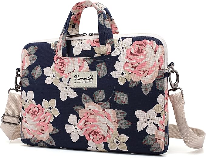 canvaslife White Rose Laptop Bag, 14-15.6 Inch | Shoulder Messenger, Briefcase Style, Pattern Design