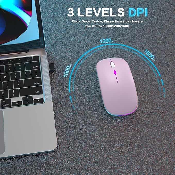 Wireless Bluetooth Mouse Rechargeable Laptop Mice with LED Use Portable(BT5.2 and USB 2.4G) Dual Mode Connection Silent Slim Computer Mouse for Laptop/iPad Tablet/Apple MacBook/PC (Pink)