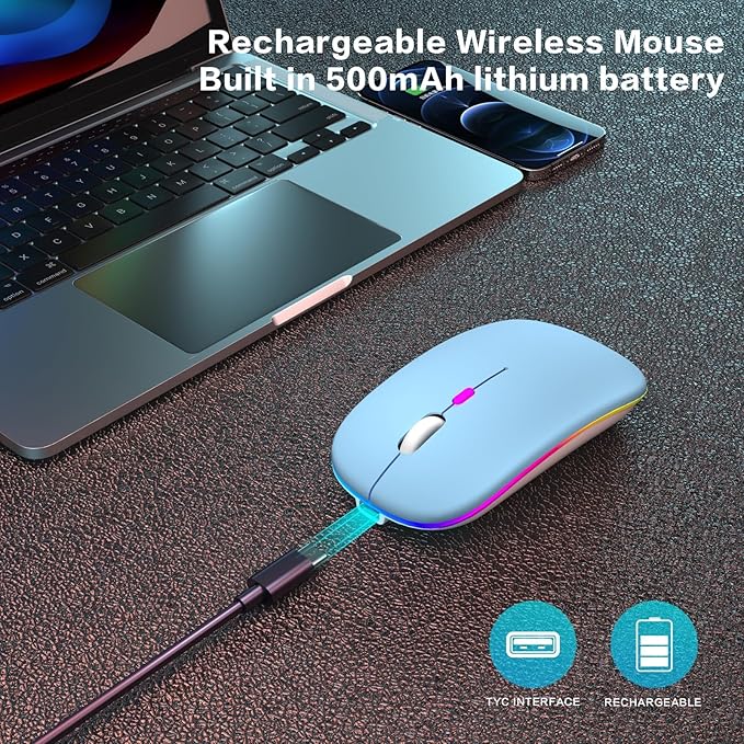 Wireless Bluetooth Mouse Rechargeable Laptop Mice with LED Use Portable(BT5.2 and USB 2.4G) Dual Mode Connection Silent Slim Computer Mouse for Laptop/iPad Tablet/Apple MacBook/PC(Blue)