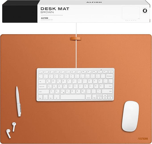 Leather Desk Mat Cable Organizer 23.6" x 17" | Premium Brown Vegan Leather Desk Protector Blotter Mouse Pad with Felt Non Slip Bottom for Home Office