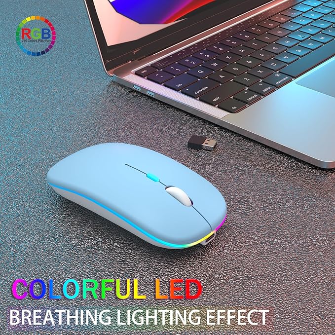 Wireless Bluetooth Mouse Rechargeable Laptop Mice with LED Use Portable(BT5.2 and USB 2.4G) Dual Mode Connection Silent Slim Computer Mouse for Laptop/iPad Tablet/Apple MacBook/PC(Blue)