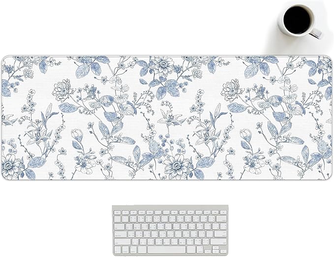 Light Blue Mouse Pad Blue Flroal Desk Mat, Flower Large Desk Mouse Pad Aesthetic, Chinoiserie Gaming Mousepad for Desk Computers Office Dorm Decor Flroal Gifts for Women 31.5x11.8