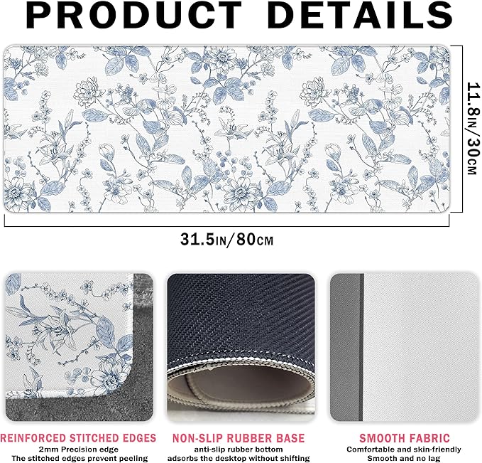 Light Blue Mouse Pad Blue Flroal Desk Mat, Flower Large Desk Mouse Pad Aesthetic, Chinoiserie Gaming Mousepad for Desk Computers Office Dorm Decor Flroal Gifts for Women 31.5x11.8