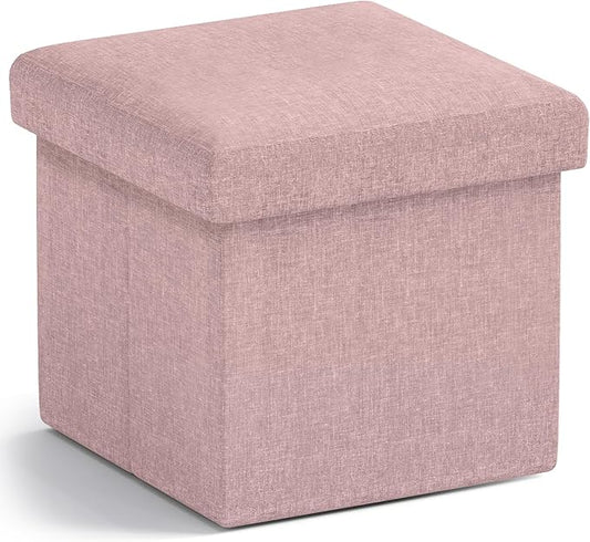 Ornavo Home Small Storage Ottoman Foldable Collapsible Cube Square Linen Ottoman Foot Rest Stool Seat, for Living Room, Bedroom, Home Office, Dorm - 12 x 12 x 12, Pink