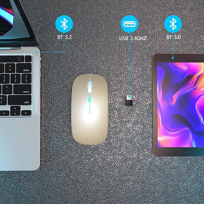 Wireless Bluetooth Mouse - Rechargeable Laptop Mice - with LED Lights,Dual Mode(Bluetooth 5.2 & Portable USB 2.4G) Connection,Silent - Computer Mouse for Laptop,iPad,Tablet,MacBook,& PC(Gold)