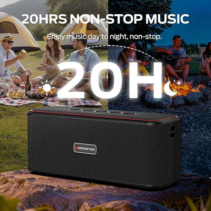 Monster Shock Plus Bluetooth Speaker, Portable Speaker with 40W Stereo Sound, 20H Playtime, Bluetooth 6.0, Support AUX, TF, Wireless Stereo Pairing, IPX6 Waterproof Speaker for Home, Outdoor, Travel