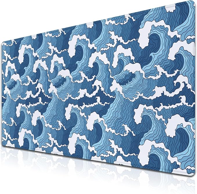 Large Desk Pads Blue and White Desktop Pad, Pc Mouse Pad Keyboard Mat, Desk Pad Gaming Waterproof Non-Slip Rubber Base, 35.4 X 15.7 inch for Work/Game/Office/Home Japanese Abstract Waves