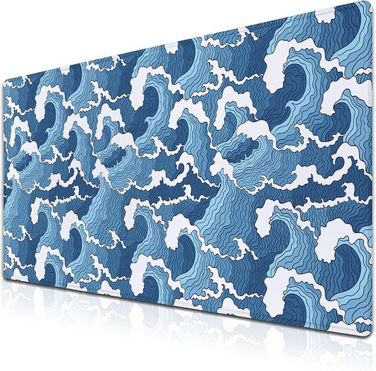 Large Desk Pads Blue and White Desktop Pad, Pc Mouse Pad Keyboard Mat, Desk Pad Gaming Waterproof Non-Slip Rubber Base, 35.4 X 15.7 inch for Work/Game/Office/Home Japanese Abstract Waves