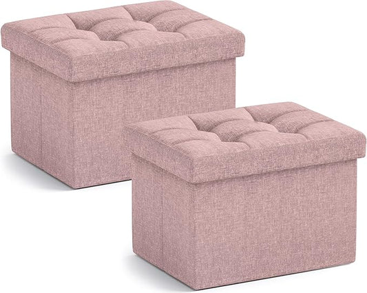 Ornavo Home Small Storage Ottoman, Set of 2, Foldable Collapsible Rectangle Linen Ottoman Foot Rest Stool Seat, for Living Room, Bedroom, Home Office, Dorm - 12 x 16 x 12, Pink