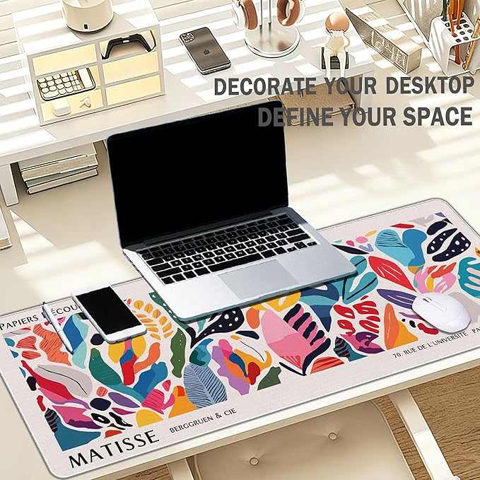 Abstract Floral Aesthetic Large Mouse Pad Matisse Boho Desk Mats, Pink Long Laptop Keyboard Mat Cute Gaming Desktop Mats for Desk, Flroal Desk Decor for Women Office 31.5x11.8