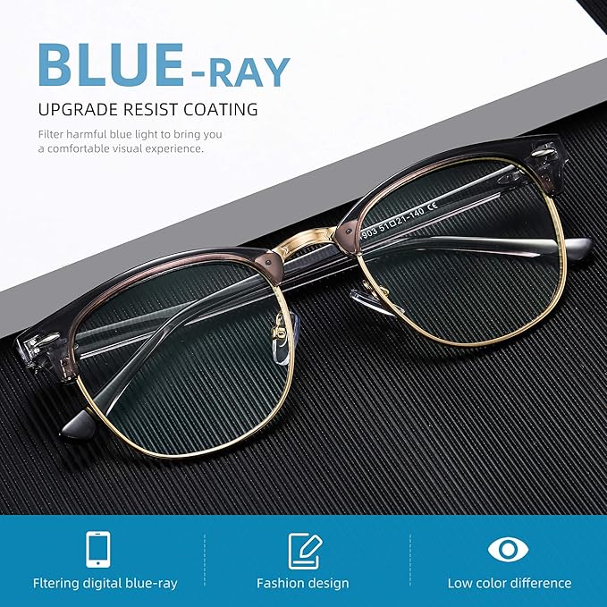 Blue Light Blocking Glasses Vintage Half Frame UV Clear Lens Anti Eyestrain Computer Gaming Glasses for Men Women